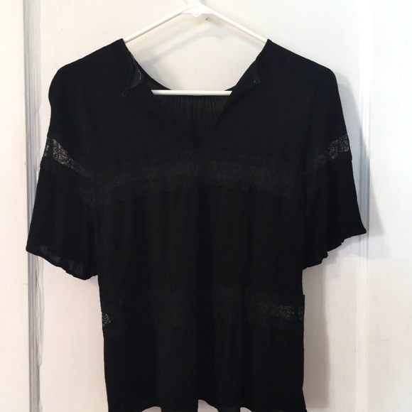💕Zara Black Pleated Blouse w/2 Lace Panels S Sm - Picture 2 of 7